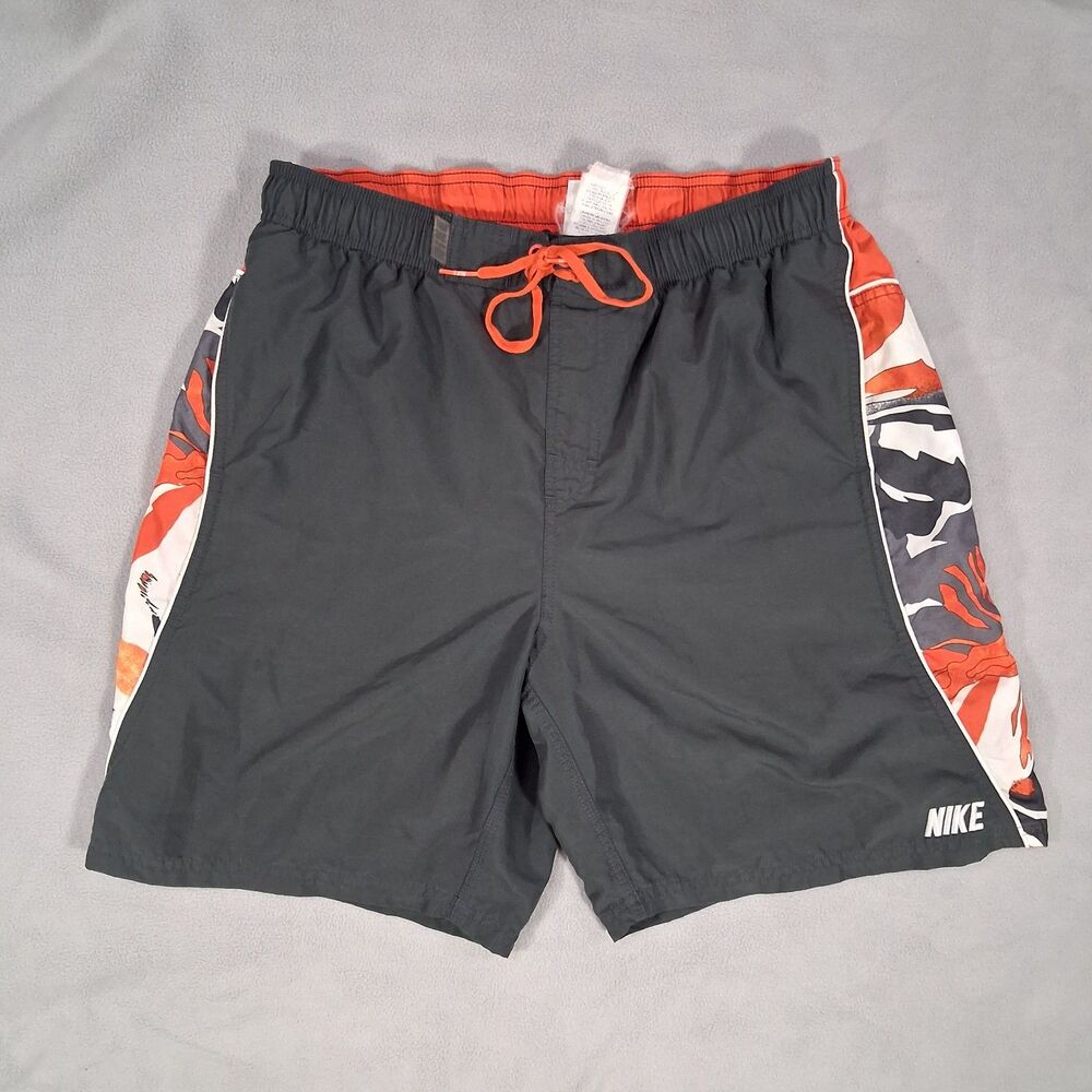 Nike Mens Board Shorts Size Large Grey Orange Floral Mesh Lined Swim Trunks